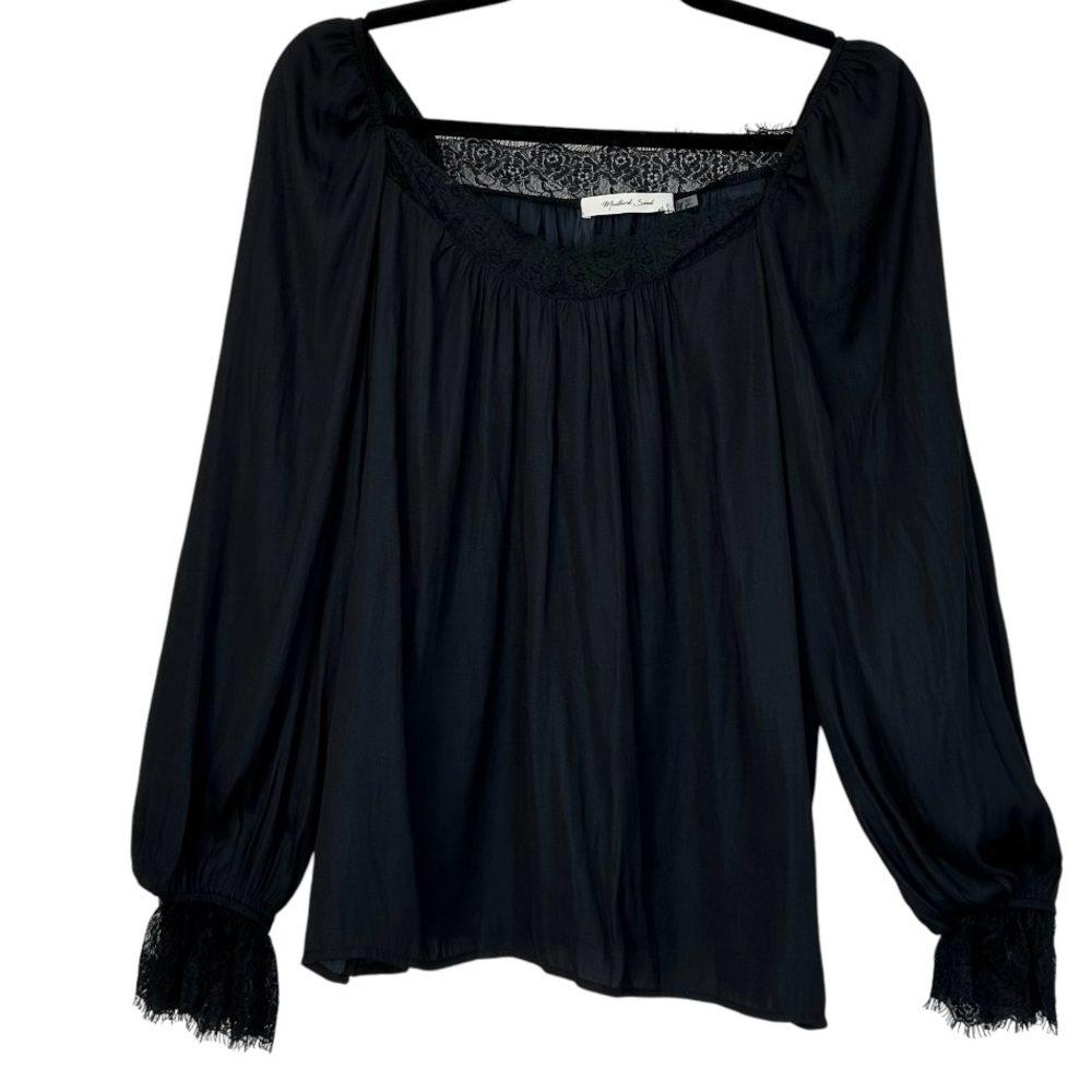 MUSTARD SEED Women’s  Pheasant-Style Blouse‎ Dark Navy Scoop Neck Lace Accents S